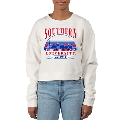 Women's Uscape Apparel Cream SMU Mustangs Pigment Dyed Local Skyline Fleece Crop Crewneck Sweatshirt