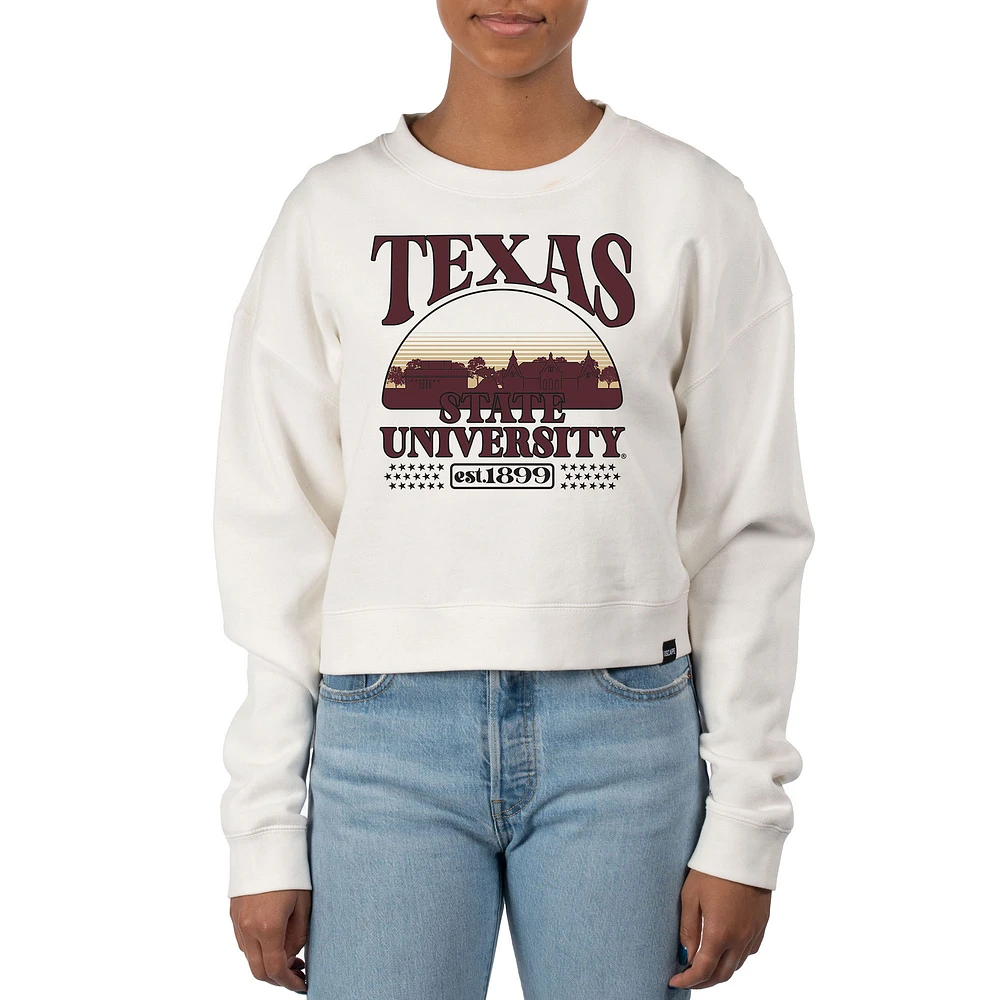 Women's Uscape Apparel Cream Texas State Bobcats Pigment Dyed Local Skyline Fleece Crop Crewneck Sweatshirt
