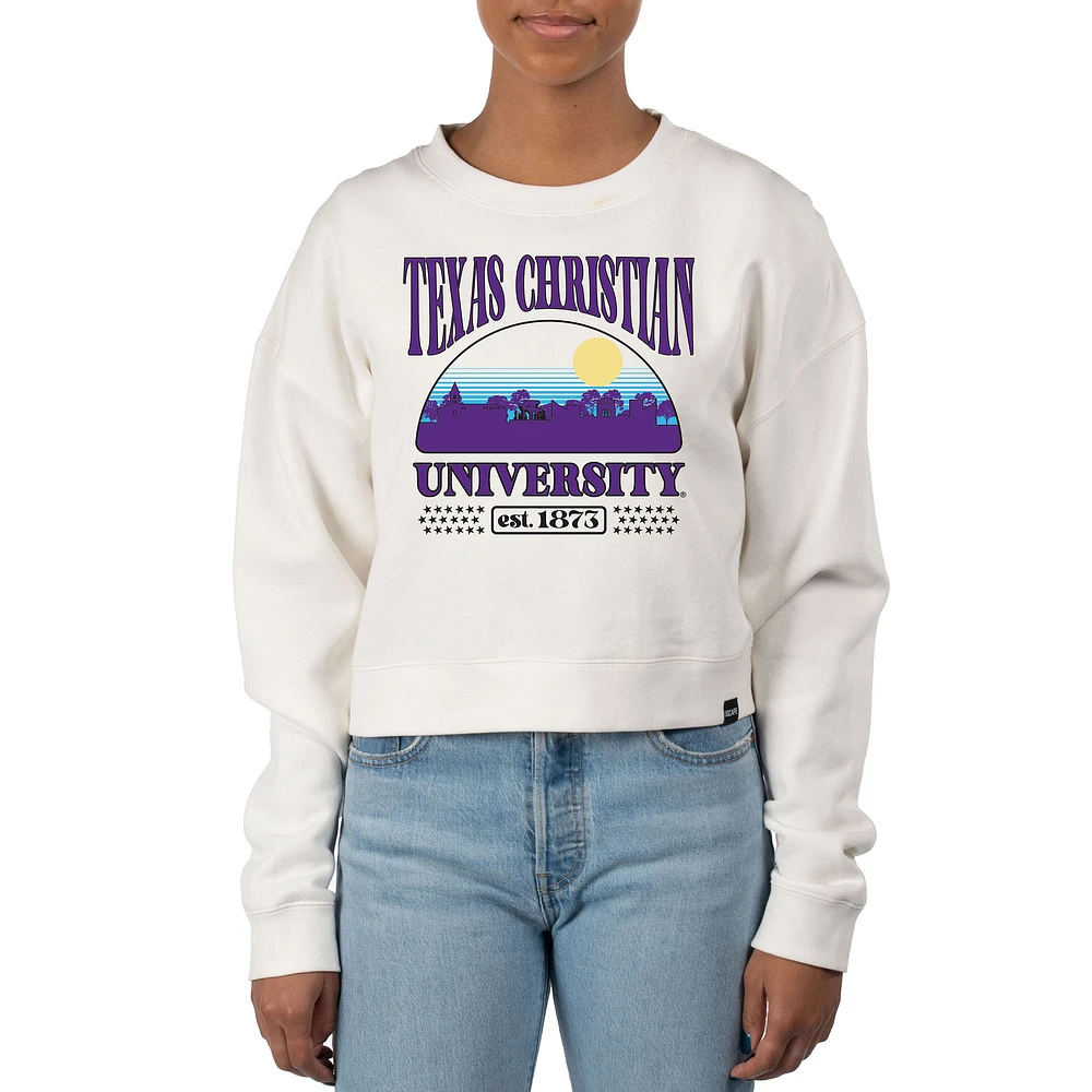 Women's Uscape Apparel Cream TCU Horned Frogs Pigment Dyed Local Skyline Fleece Crop Crewneck Sweatshirt