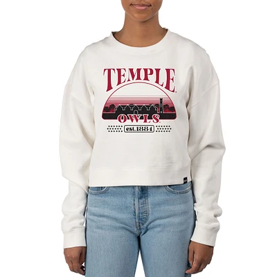 Women's Uscape Apparel Cream Temple Owls Pigment Dyed Local Skyline Fleece Crop Crewneck Sweatshirt