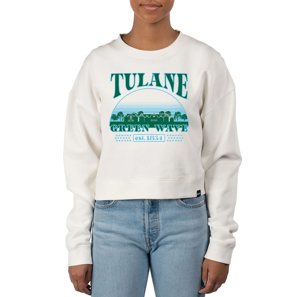 Women's Uscape Apparel Cream Tulane Green Wave Pigment Dyed Local Skyline Fleece Crop Crewneck Sweatshirt