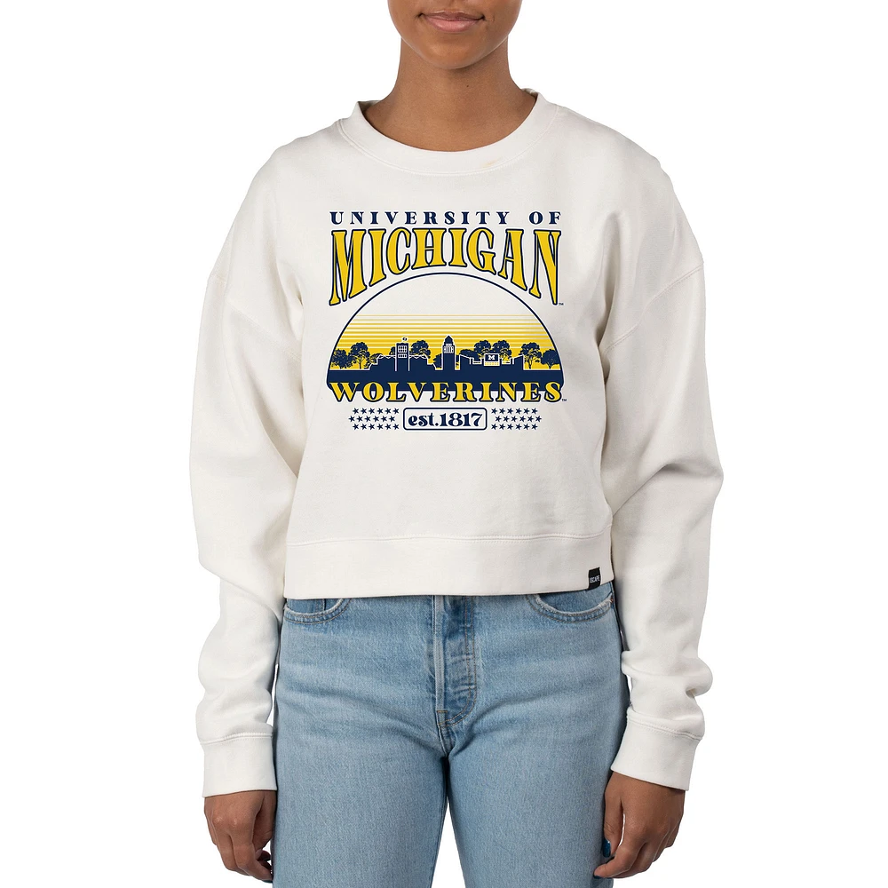 Women's Uscape Apparel Cream Michigan Wolverines Pigment Dyed Local Skyline Fleece Crop Crewneck Sweatshirt
