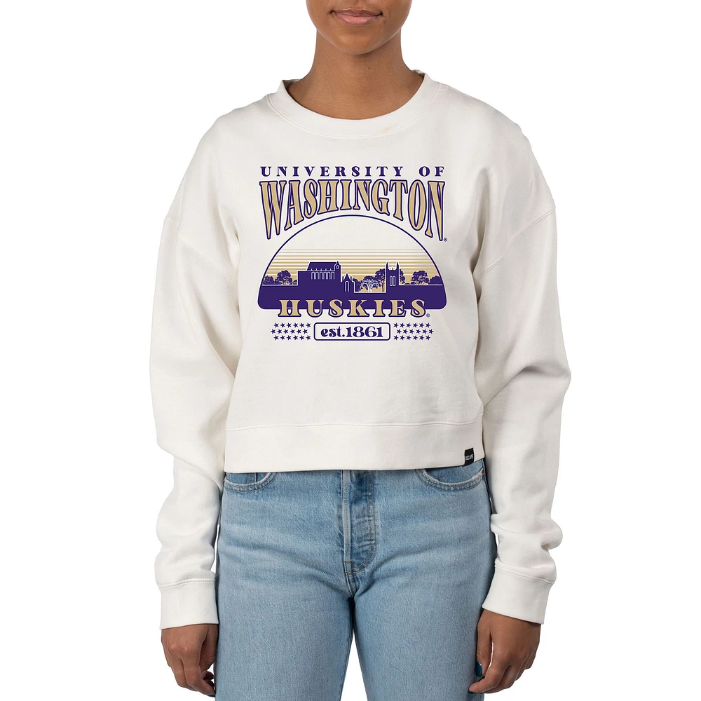 Women's Uscape Apparel Cream Washington Huskies Pigment Dyed Local Skyline Fleece Crop Crewneck Sweatshirt