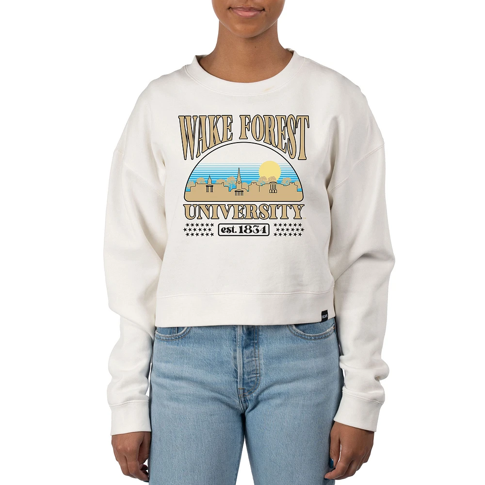Women's Uscape Apparel Cream Wake Forest Demon Deacons Pigment Dyed Local Skyline Fleece Crop Crewneck Sweatshirt