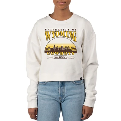 Women's Uscape Apparel Cream Wyoming Cowboys Pigment Dyed Local Skyline Fleece Crop Crewneck Sweatshirt