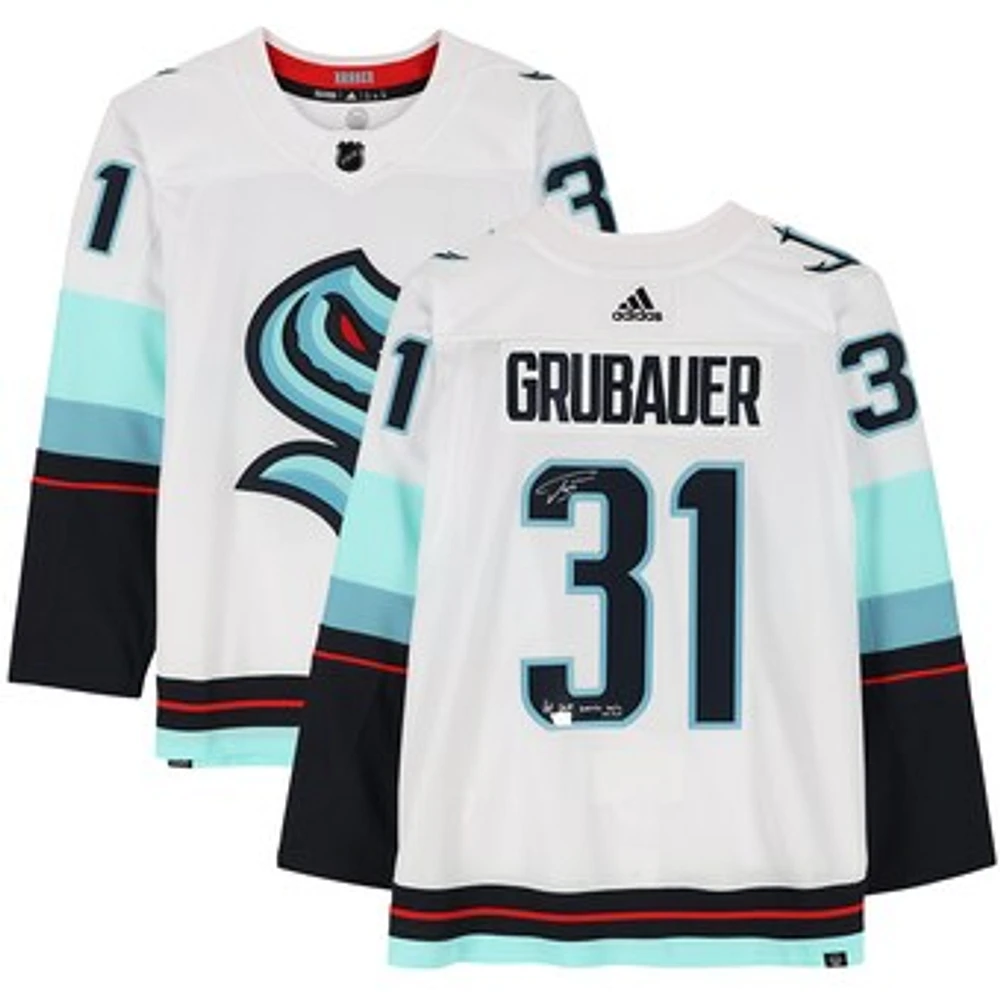 Philipp Grubauer Seattle Kraken Autographed White Adidas Authentic Jersey with "1st SCP Series Win" Inscription - Limited Edition of 23