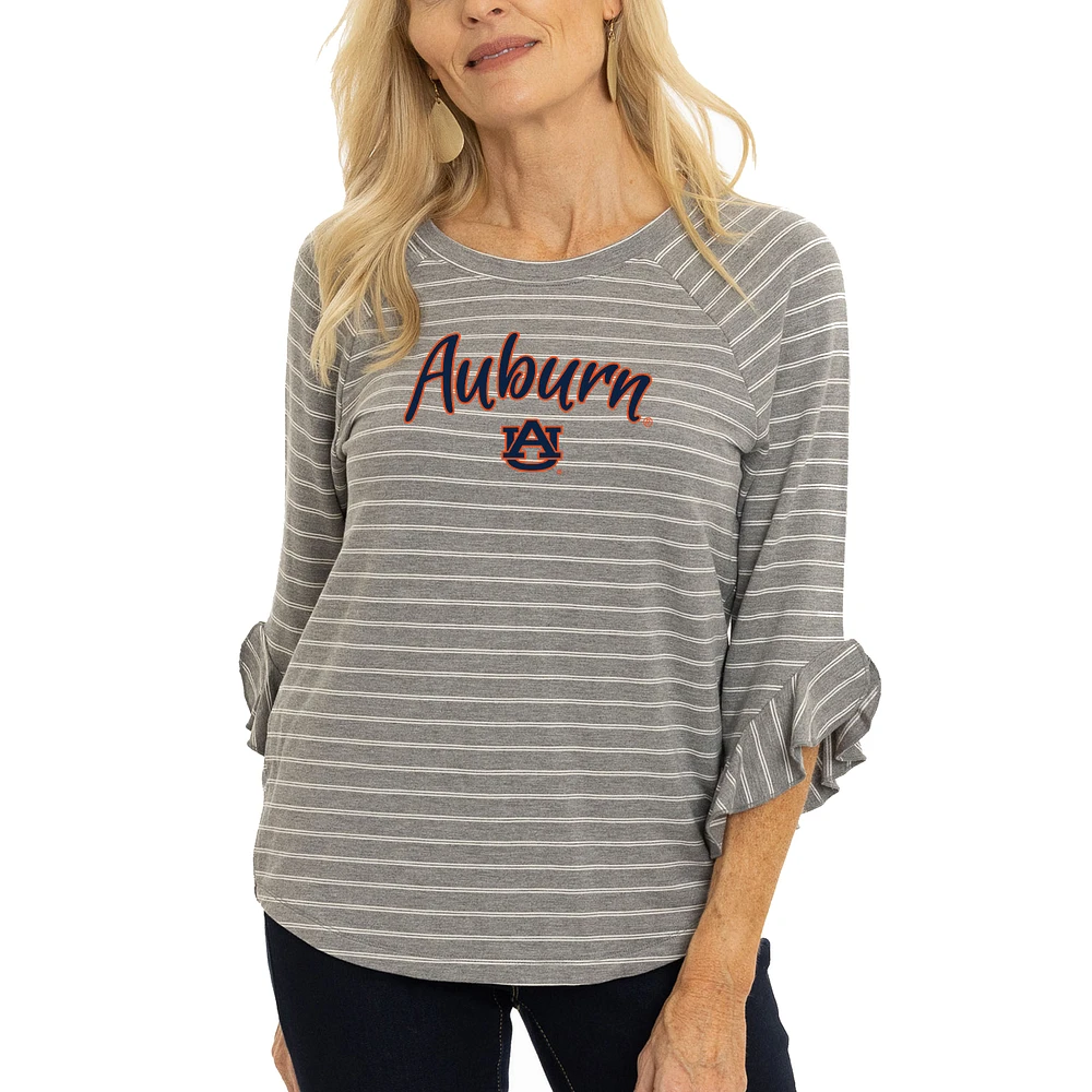 Women's Gray Auburn Tigers Renatta Striped Ruffle 3/4-Sleeve T-Shirt