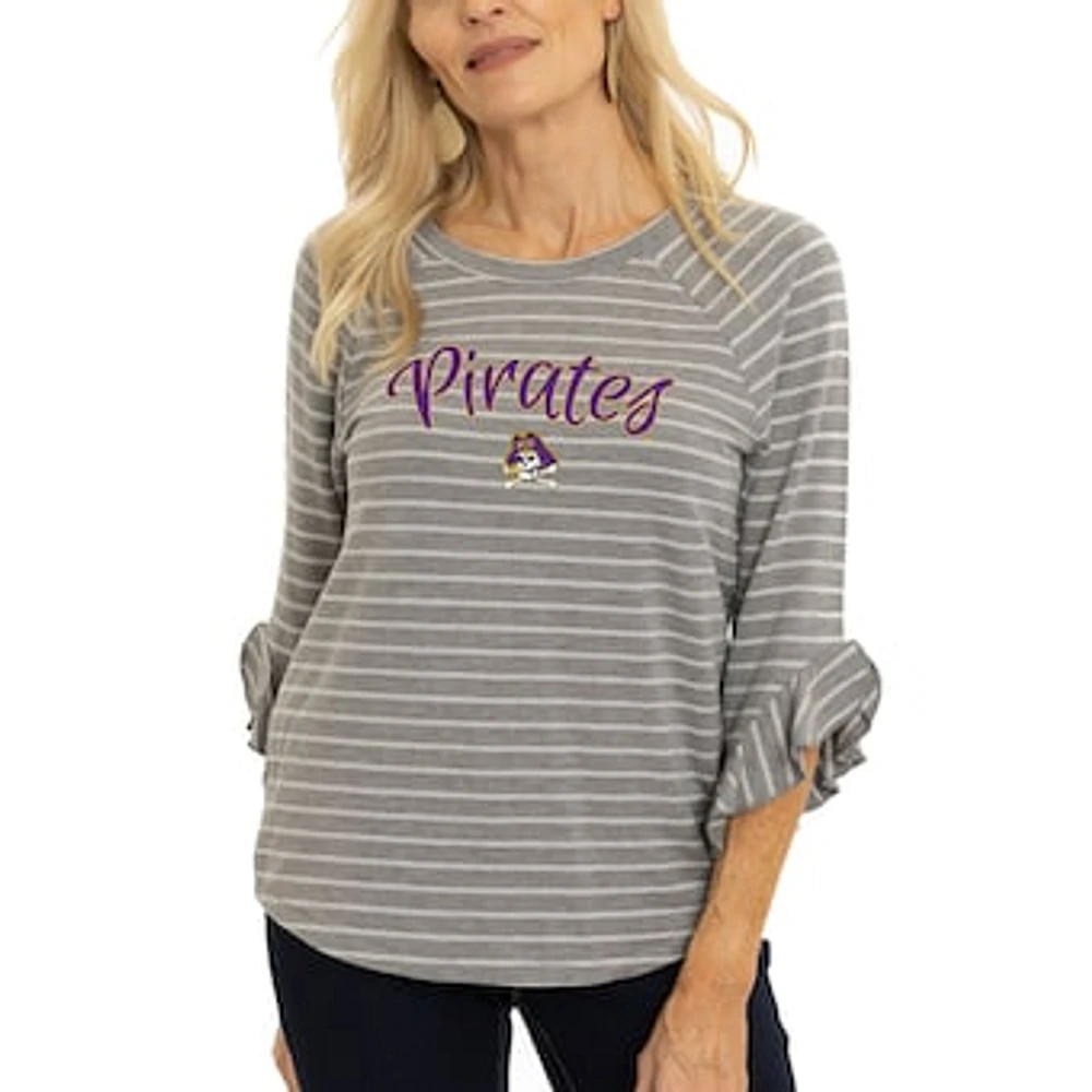 Women's Gray ECU Pirates Renatta Striped Ruffle 3/4-Sleeve T-Shirt