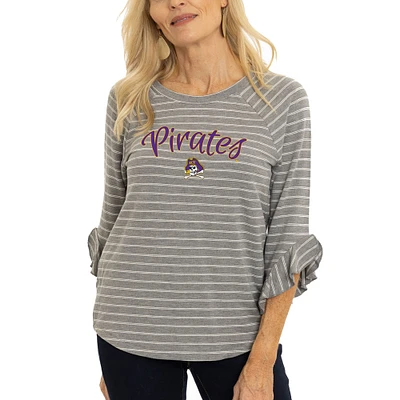 Women's  Gray ECU Pirates Renatta Striped Ruffle 3/4-Sleeve T-Shirt