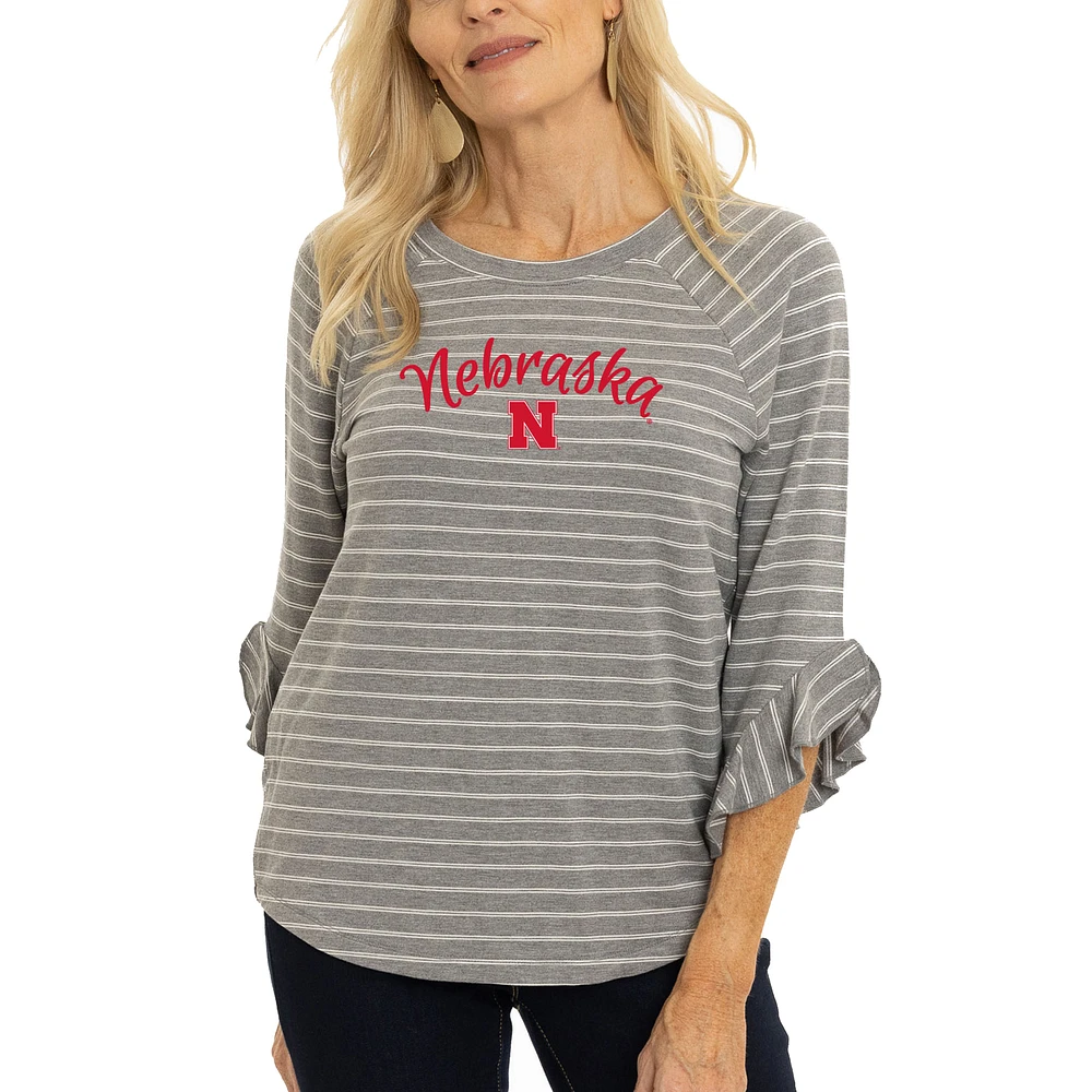 Women's Gray Nebraska Huskers Renatta Striped Ruffle 3/4-Sleeve T-Shirt
