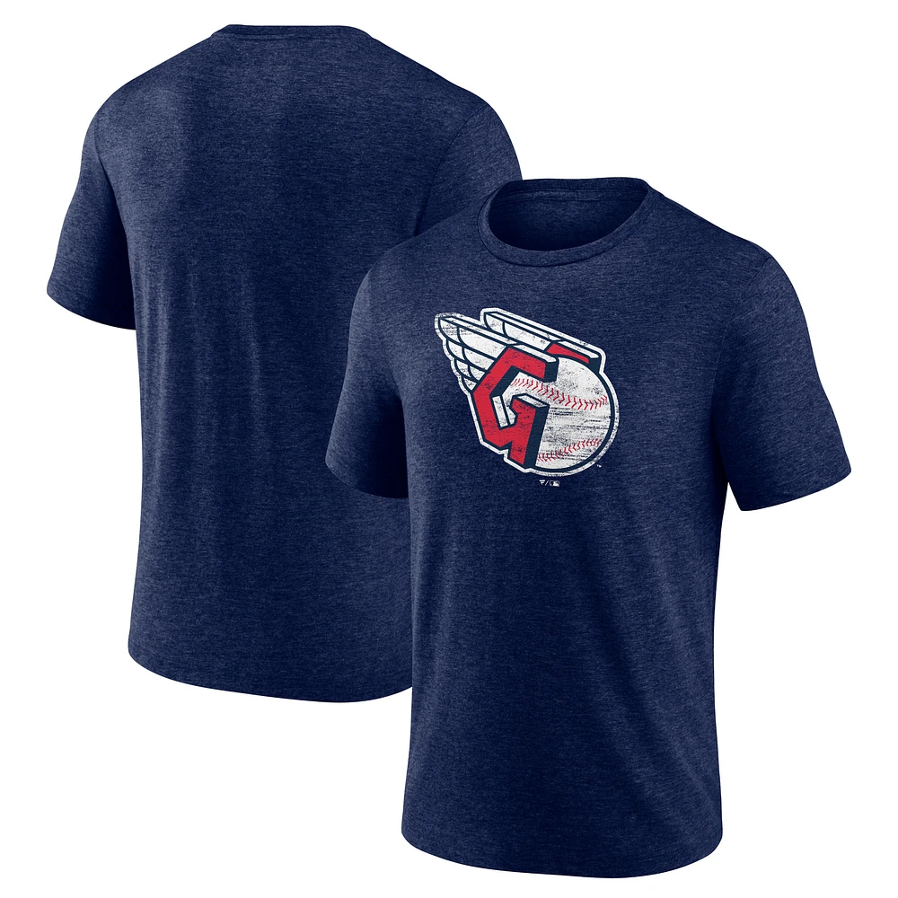 Men's Heather Navy Cleveland Guardians Official Logo Tri-Blend T-Shirt
