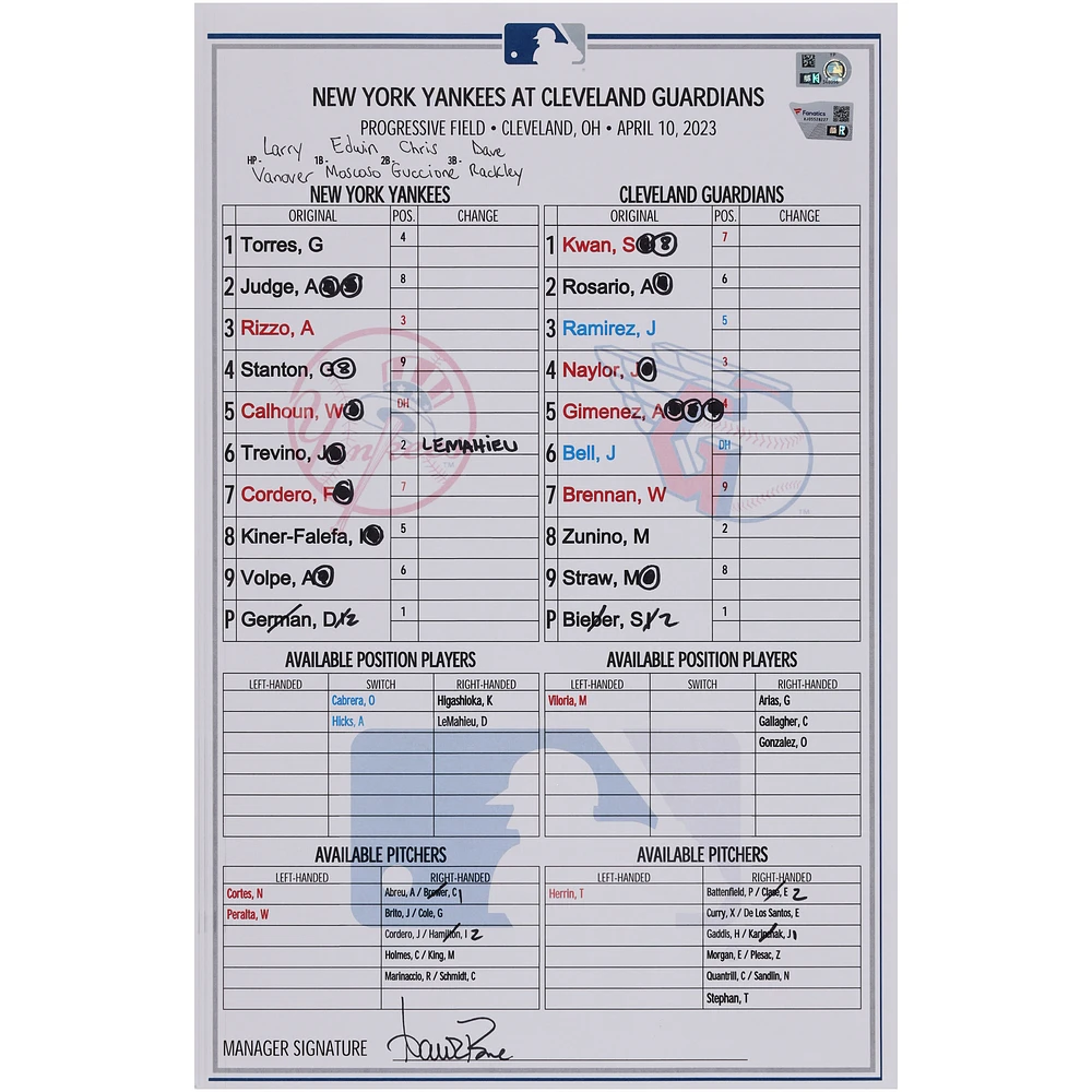 New York Yankees Game-Used Lineup Card vs. Cleveland Guardians on April 10, 2023