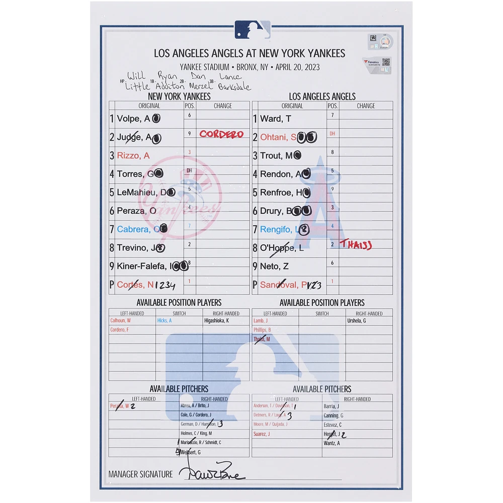 New York Yankees Game-Used Lineup Card vs. Los Angeles Angels on April 20, 2023