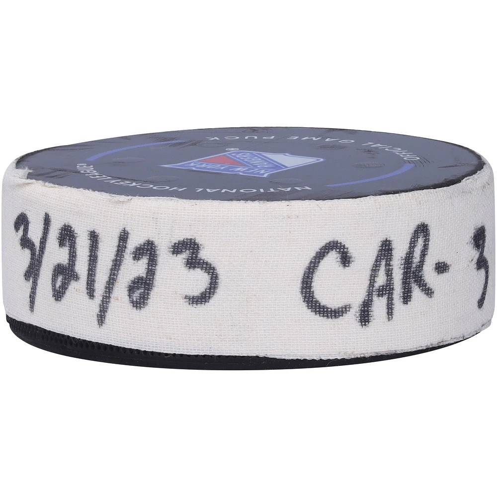 Teuvo Teravainen Carolina Hurricanes Game-Used Goal Puck from March 21, 2023 vs. New York Rangers