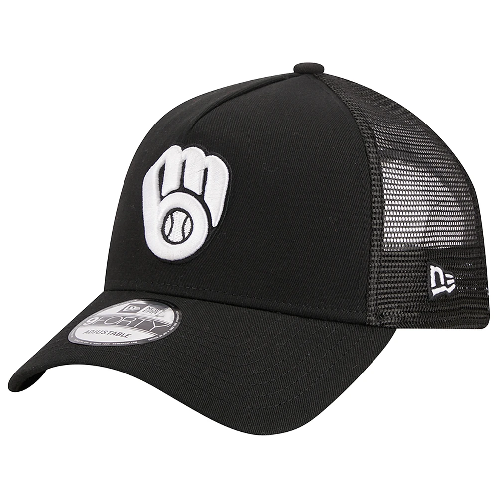 Men's New Era Black Milwaukee Brewers A-Frame 9FORTY Trucker Adjustable Hat