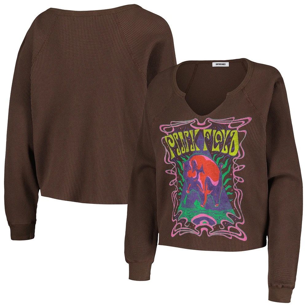 Women's Daydreamer Brown Pink Floyd Cosmic Pyramid Raw Thermal Raglan Long Sleeve T-Shirt