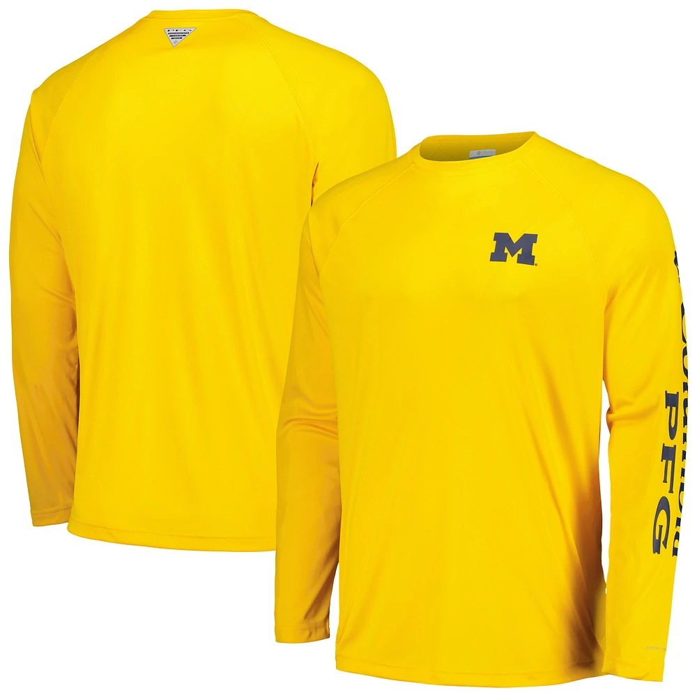 Men's Columbia Maize Michigan Wolverines Terminal Tackle Omni-Shade Raglan Long Sleeve T-Shirt