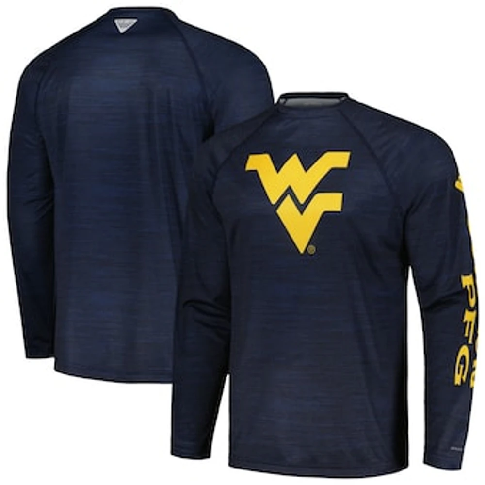 Men's Columbia Navy West Virginia Mountaineers PFG Terminal Tackle Omni-Shade Raglan Long Sleeve T-Shirt