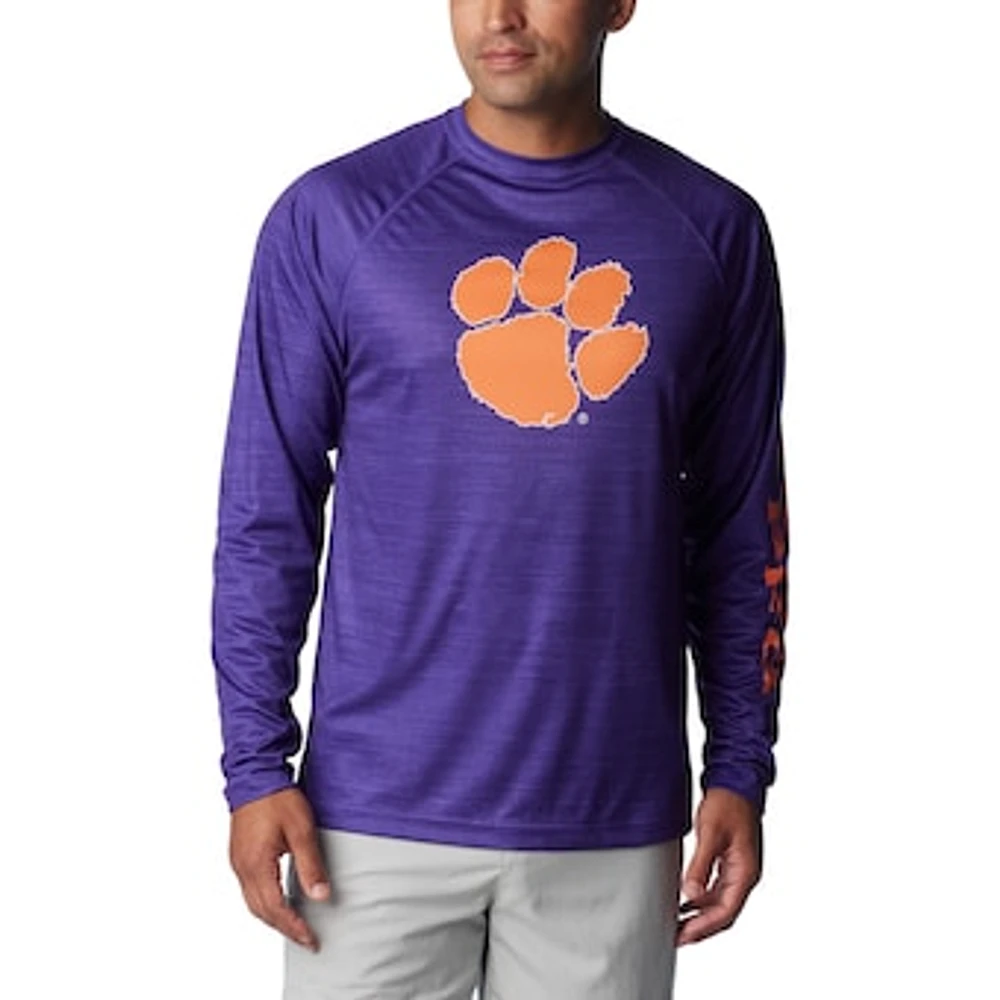 Men's Columbia Purple Clemson Tigers PFG Terminal Tackle Omni-Shade Raglan Long Sleeve T-Shirt