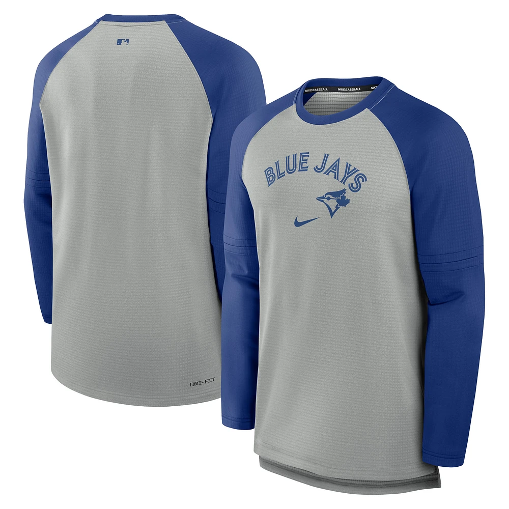 Men's Nike Heather Gray/Royal Toronto Blue Jays Authentic Collection Game Time Raglan Performance Long Sleeve T-Shirt