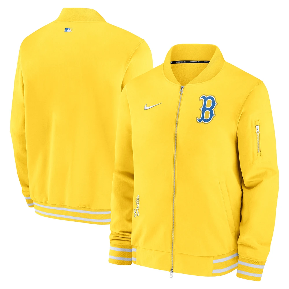 Men's Nike Gold Boston Red Sox City Connect Authentic Collection Game Time Bomber Full-Zip Jacket