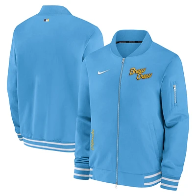 Men's Nike Blue Milwaukee Brewers City Connect Authentic Collection Game Time Bomber Full-Zip Jacket