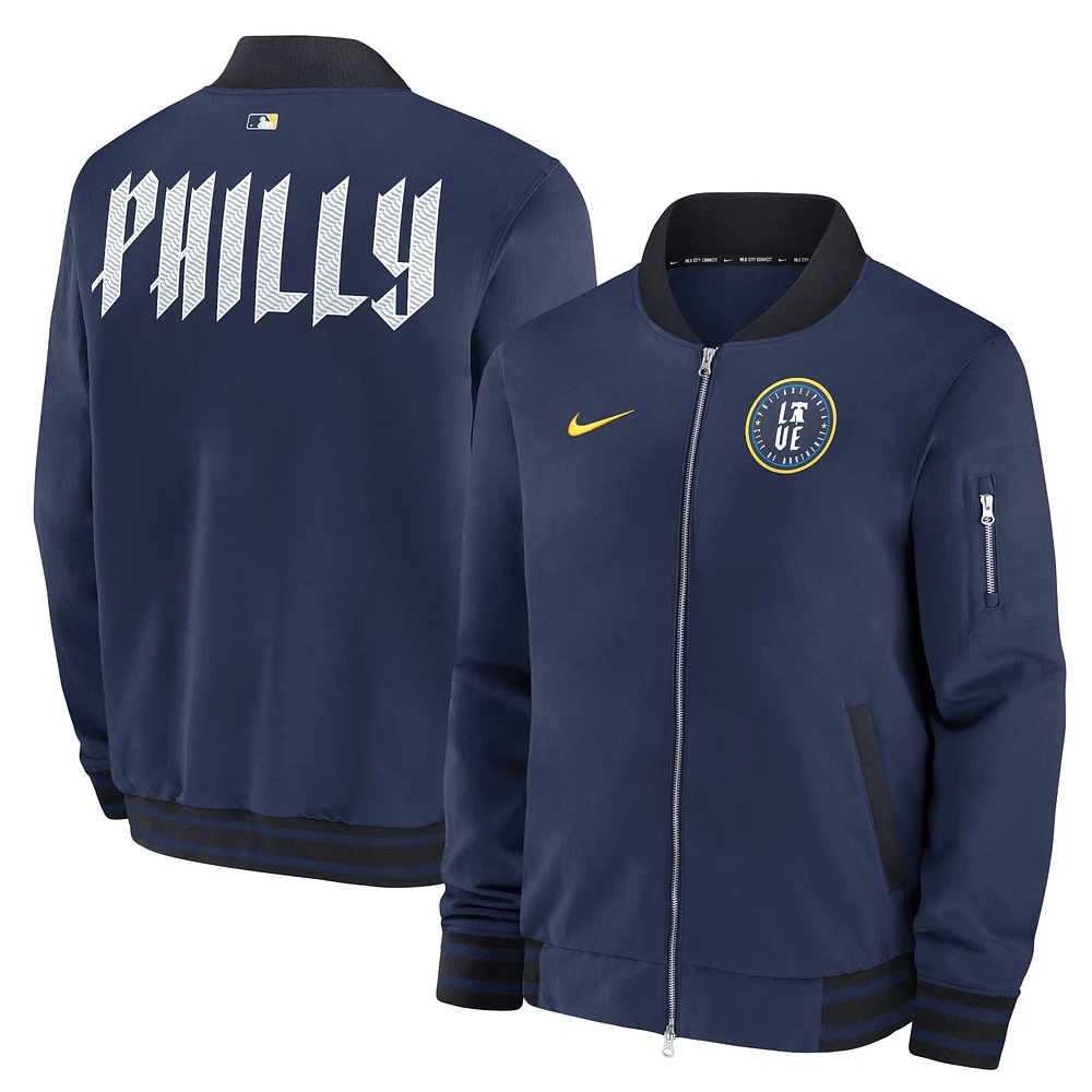 Men's Nike Navy Philadelphia Phillies 2024 City Connect Authentic Collection Game Time Full-Zip Bomber Jacket