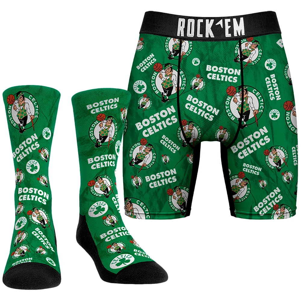 Men's Rock Em Socks Green Boston Celtics All-Over Logo Boxer Briefs & Crew Combo Pack