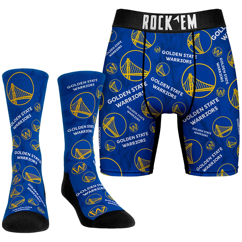 Men's Rock Em Socks Royal Golden State Warriors All-Over Logo Boxer Briefs & Crew Combo Pack