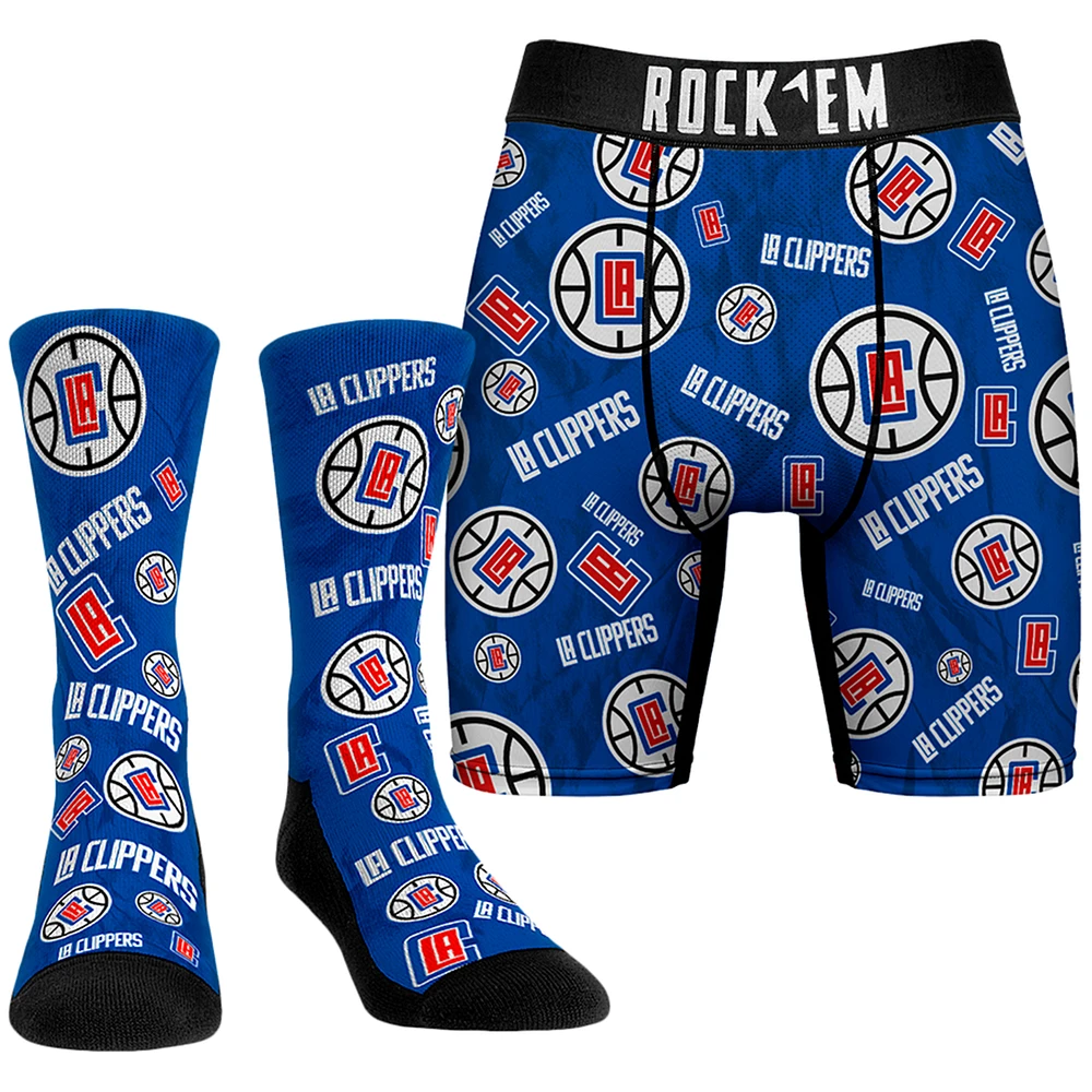 Men's Rock Em Socks Royal LA Clippers All-Over Logo Boxer Briefs & Crew Combo Pack