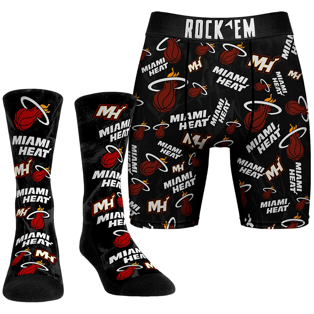 Men's Rock Em Socks Black Miami Heat All-Over Logo Boxer Briefs & Crew Combo Pack