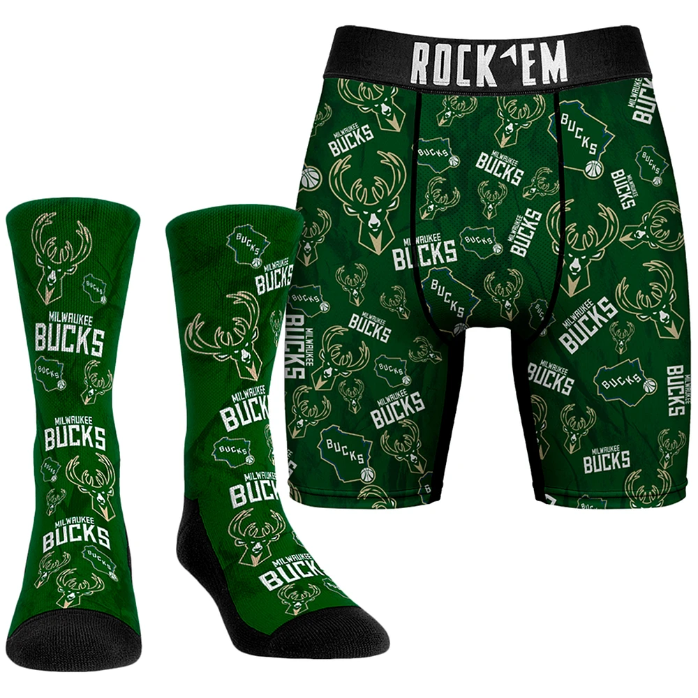 Men's Rock Em Socks Forest Green Milwaukee Bucks All-Over Logo Boxer Briefs & Crew Combo Pack