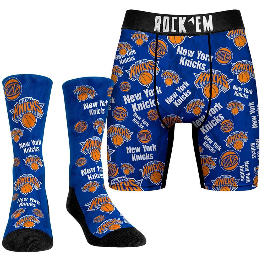 Men's Rock Em Socks Blue New York Knicks All-Over Logo Boxer Briefs & Crew Combo Pack