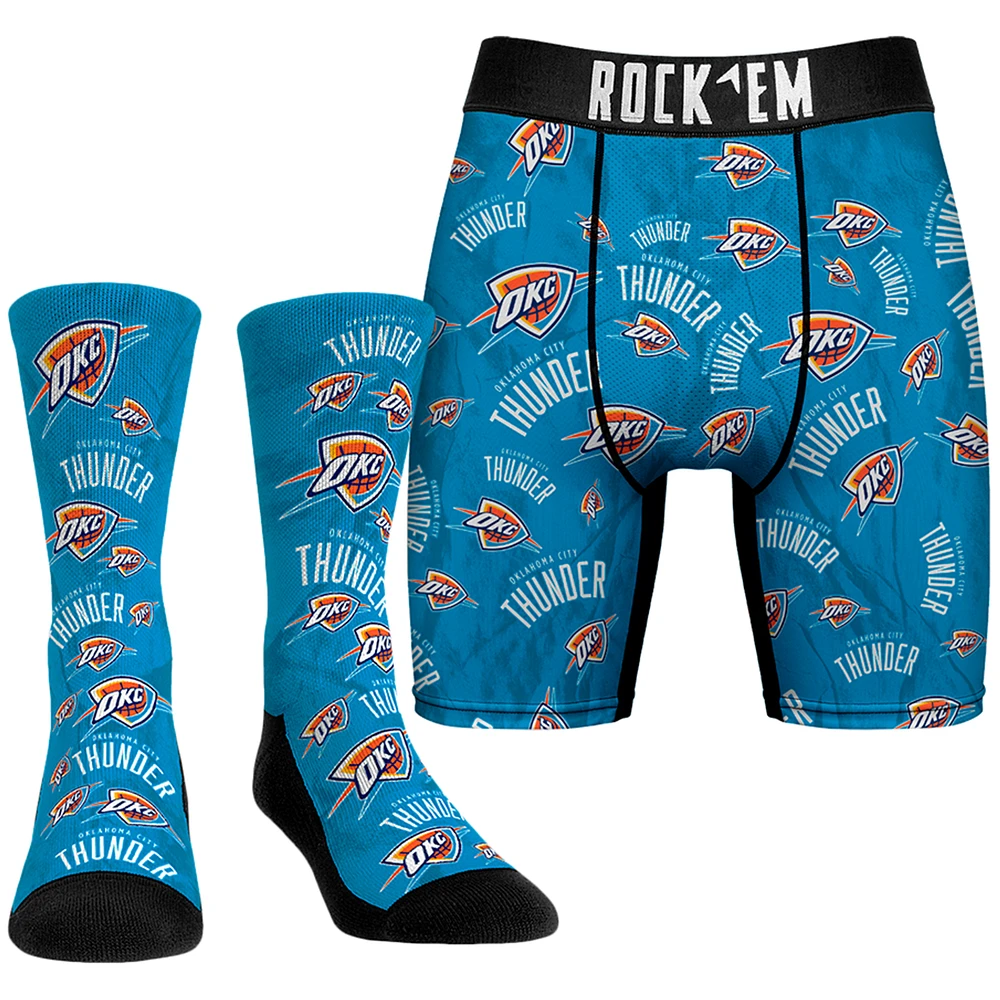 Men's Rock Em Socks Blue Oklahoma City Thunder All-Over Logo Boxer Briefs & Crew Combo Pack