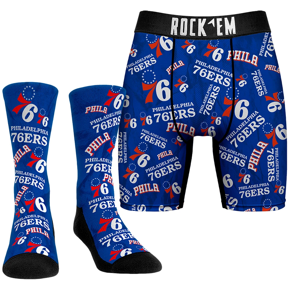 Men's Rock Em Socks Royal Philadelphia 76ers All-Over Logo Boxer Briefs & Crew Combo Pack