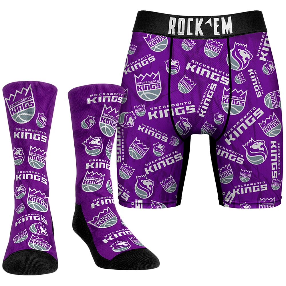 Men's Rock Em Socks Purple Sacramento Kings All-Over Logo Boxer Briefs & Crew Combo Pack