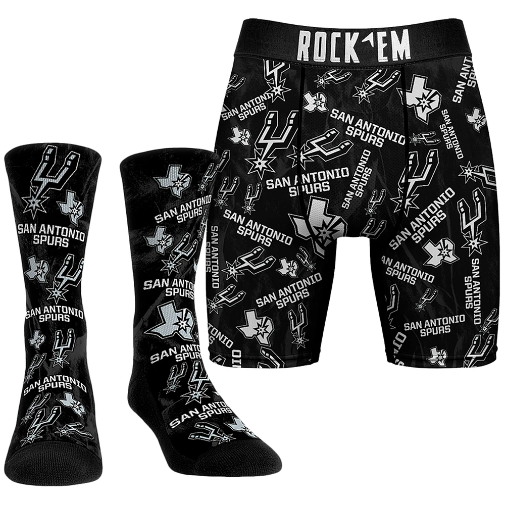 Men's Rock Em Socks Black San Antonio Spurs All-Over Logo Boxer Briefs & Crew Combo Pack
