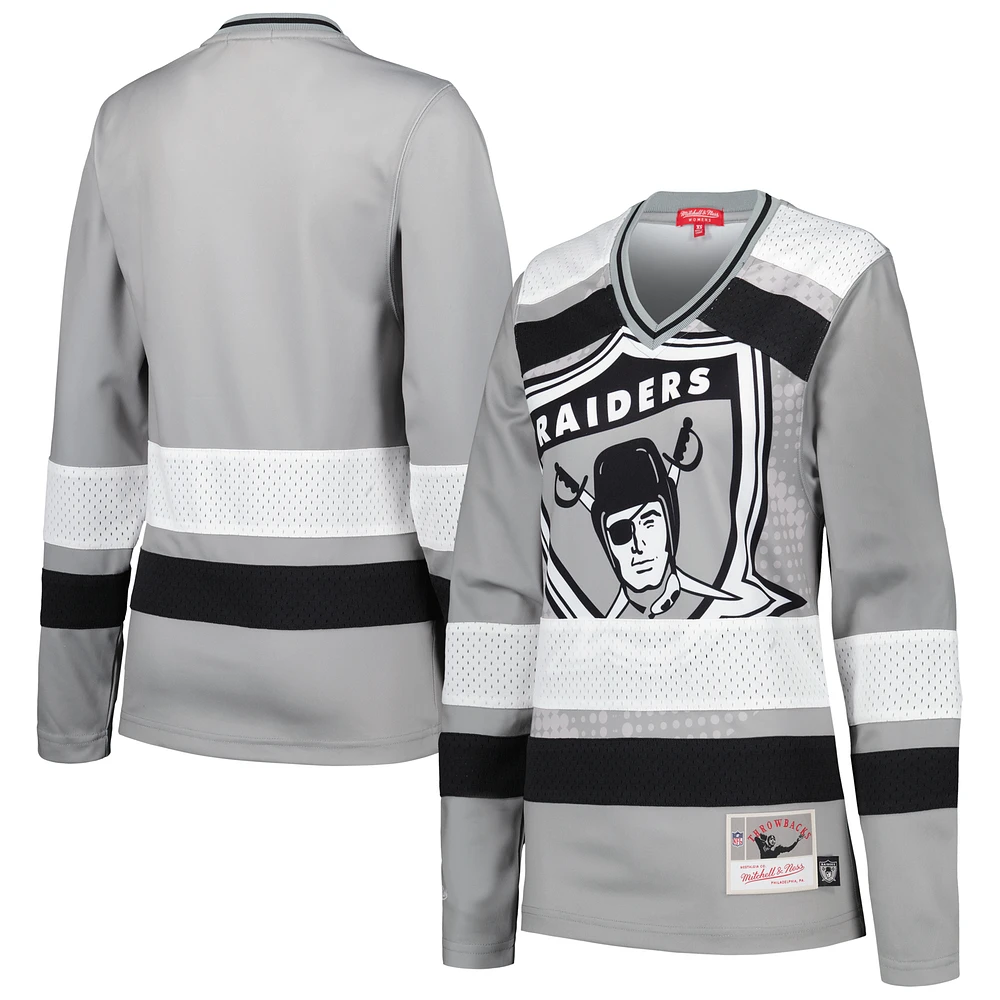 Women's Mitchell & Ness Silver Las Vegas Raiders Big Face 7.0 Long Sleeve Jersey T-Shirt