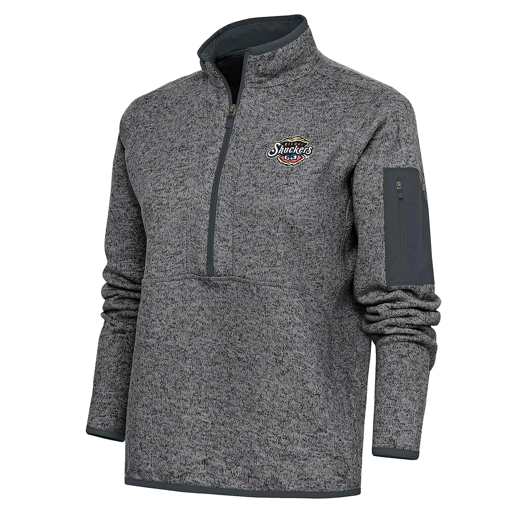 Women's Antigua Heather Charcoal Biloxi Shuckers Fortune Half-Zip Pullover Jacket
