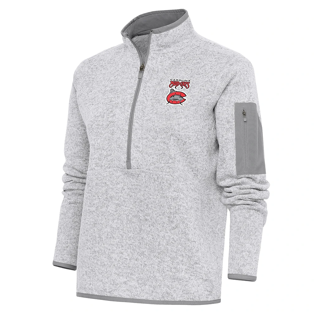 Women's Antigua Heather Gray Carolina Mudcats Fortune Half-Zip Pullover Jacket