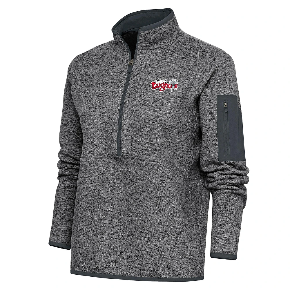 Women's Antigua Heather Charcoal Lansing Lugnuts Fortune Half-Zip Pullover Jacket