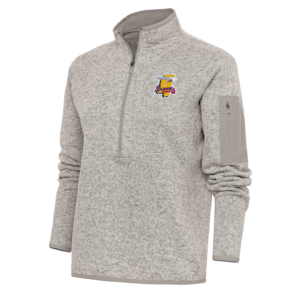 Women's Antigua Oatmeal Mississippi Braves Fortune Half-Zip Pullover Jacket