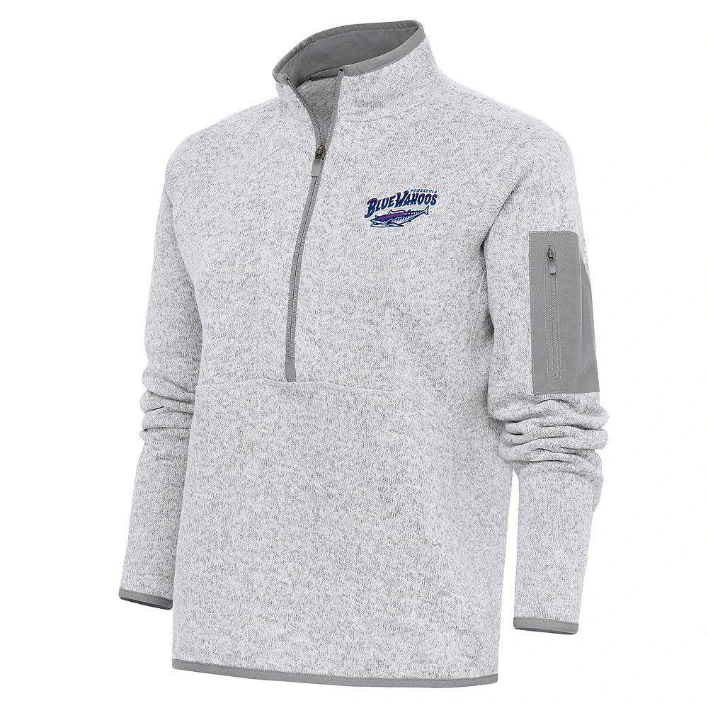 Women's Antigua Heather Gray Pensacola Blue Wahoos Fortune Half-Zip Pullover Jacket
