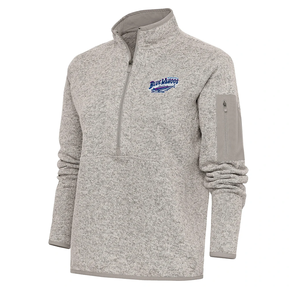 Women's Antigua Oatmeal Pensacola Blue Wahoos Fortune Half-Zip Pullover Jacket