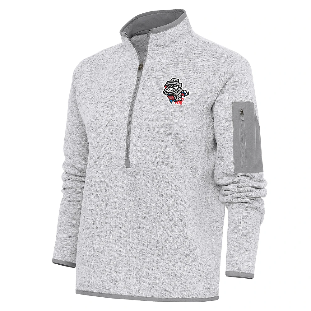 Women's Antigua Heather Gray Rocket City Trash Pandas Fortune Half-Zip Pullover Jacket