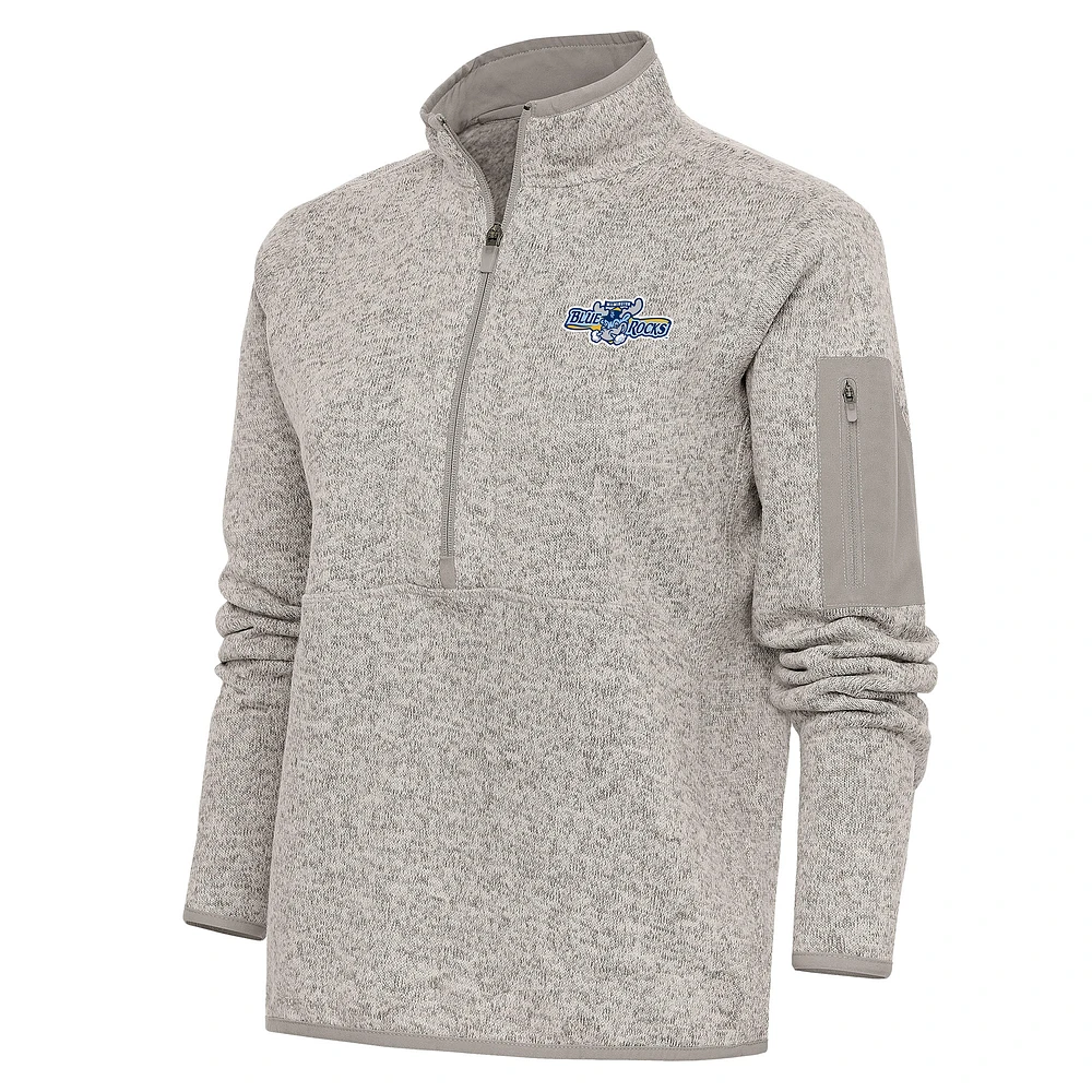 Women's Antigua Oatmeal Wilmington Blue Rocks Fortune Half-Zip Pullover Jacket