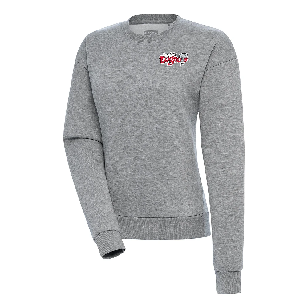 Women's Antigua Heather Gray Lansing Lugnuts Victory Pullover Sweatshirt