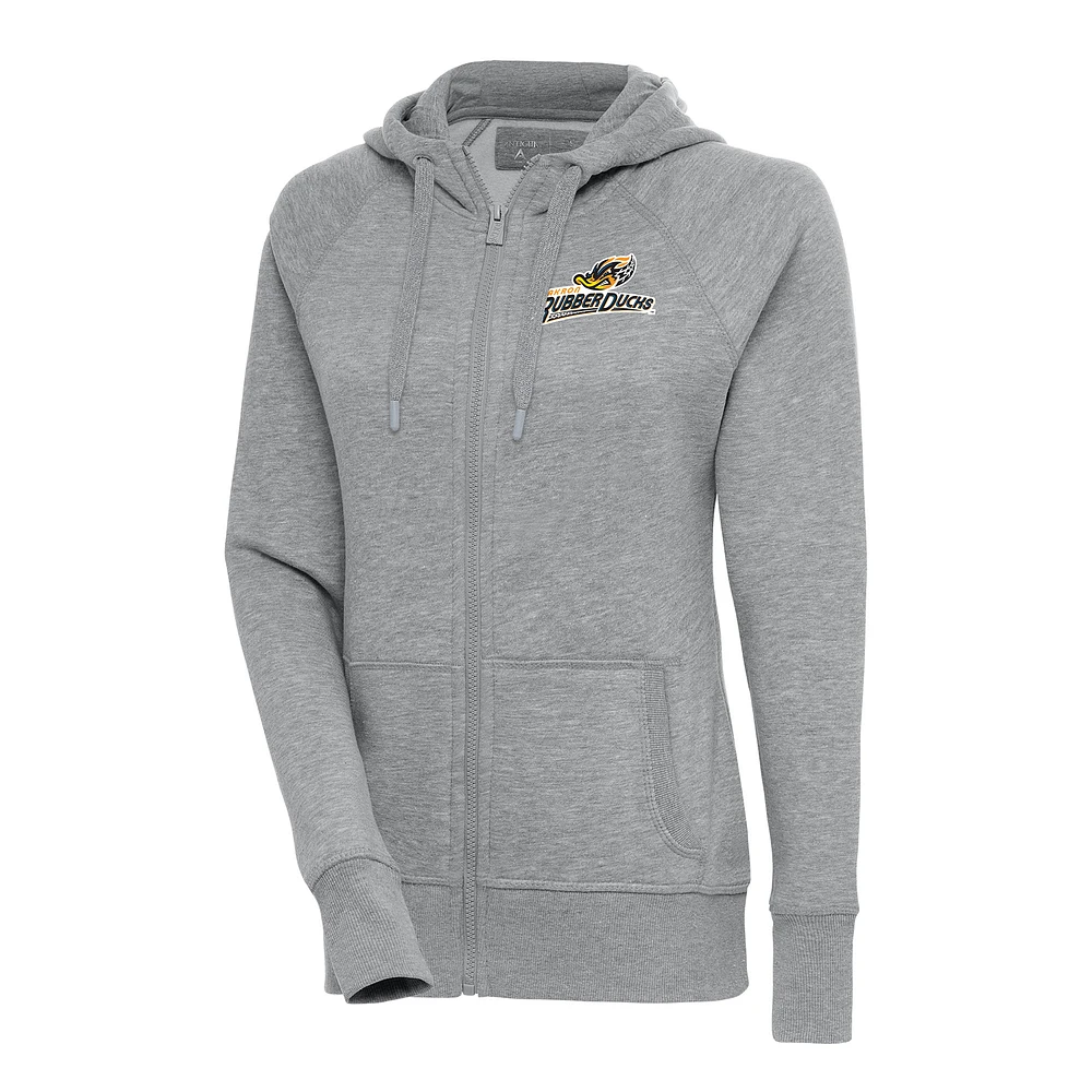 Women's Antigua Heather Gray Akron RubberDucks Victory Full-Zip Hoodie