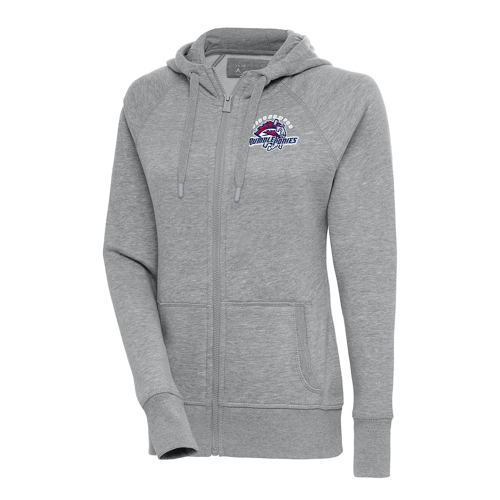 Women's Antigua Heather Gray Binghamton Rumble Ponies Victory Full-Zip Hoodie