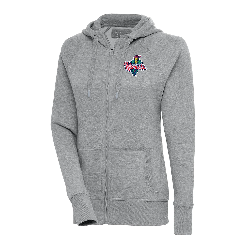 Women's Antigua Heather Gray Cedar Rapids Kernels Victory Full-Zip Hoodie